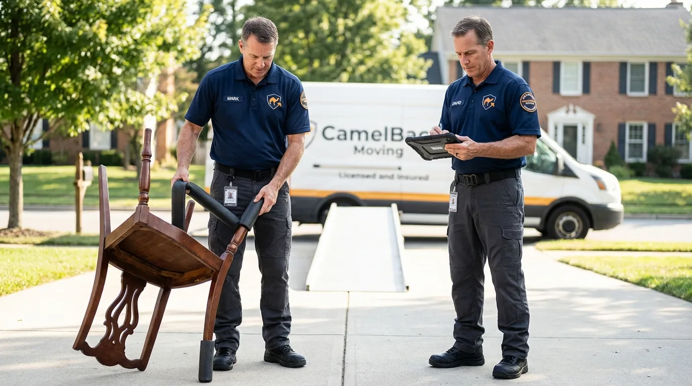 Movers inspecting furniture for damage prevention before loading in Saint Albans, WV