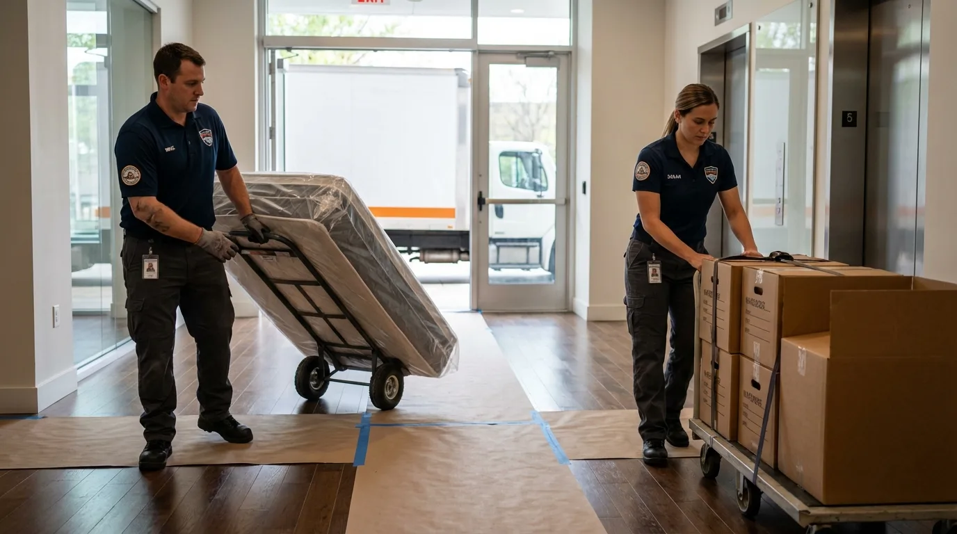 Professional apartment movers loading elevator in Saint Albans, WV