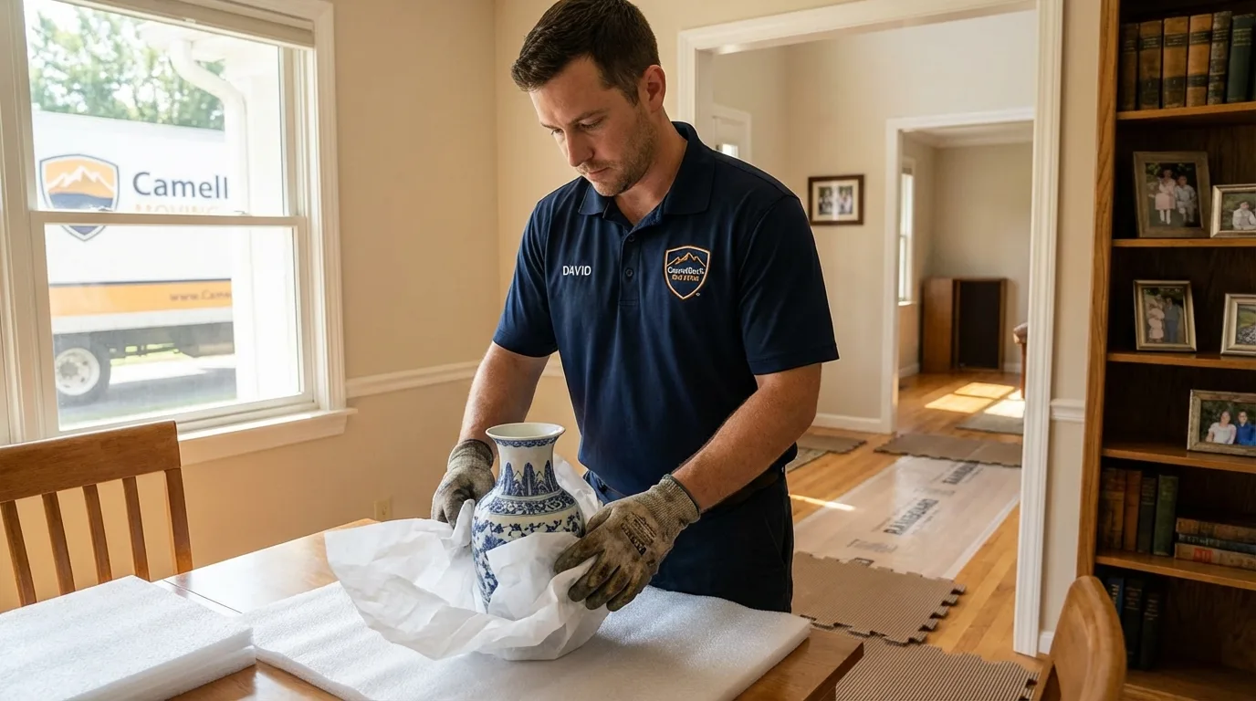Professional crew carefully wrapping antique vase for senior downsizing move in Saint Albans, WV